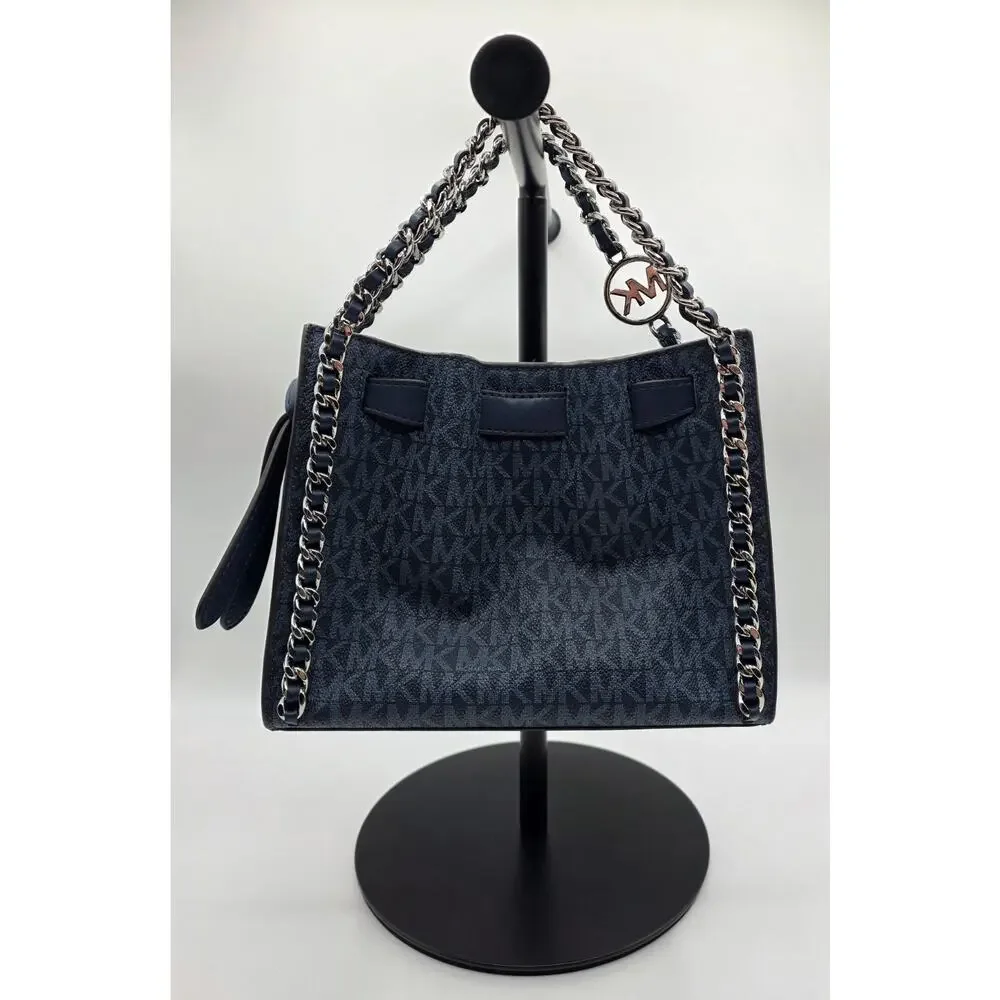 Michael Kors Mini Mina Signature Navy Convertible Chain Satchel Crossbody